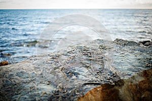 A tidal wave runs along large coastal stones with a crest.