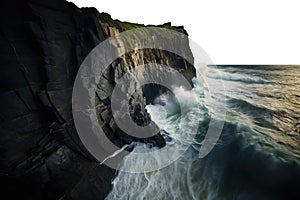 tidal waves crashing on tall steep cliffs near the ocean side. fjords. Transparent PNG file. Ocean, sea, water, waves.
