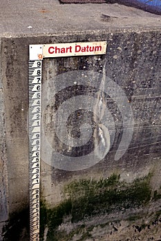 Tide gauge or tide staff on a harbour wall, showing chart datum, used by boats to determine water depth photo
