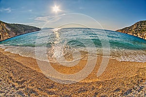 Tide & Wave at Sunset Myrtos Beach in Kefalonia, Greece