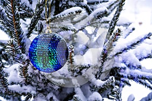 Tidewater green Christmas ball hangs on a snow-covered branch of a Christmas tree. Blue light bokeh background. New Year