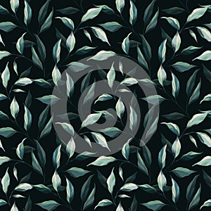 Tidewater Green Watercolor seamless pattern with tree  branches  palm leaves  forest plants and leaf on navy blue background.