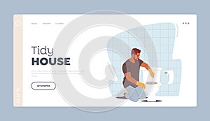 Tidy House Landing Page Template. Man Household Duties. Handyman Remove Blockage with Plunger in Toilet