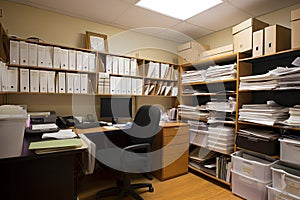 a tidy office with neatly organized documents and files, ready for business