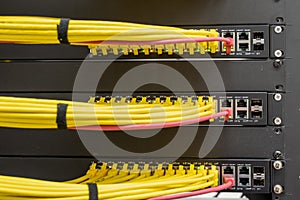 Tidy patched network cables, RJ45, connected to the switches and routers, data centre