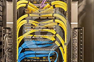 Tidy patched network cables, RJ45, connected to the switches and routers, data centre