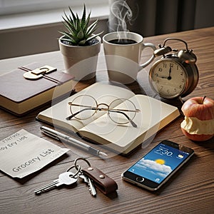 A tidy workspace features glasses resting