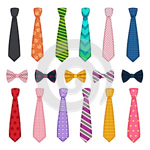 Tie and bows. Colored fashion clothes accessories for men shirts suits vector collections of ties