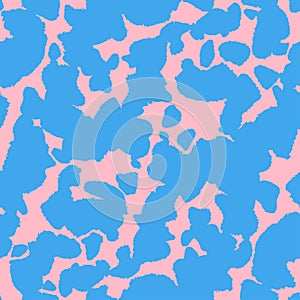 Tie dye camo style. Camouflage in pastel blue and pink color, simultaneous contrast seamless pattern. Vector