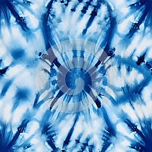 Tie dye design. Seamless repeating pattern. Dyed indigo fabric background and textured. Pattern of blue dye on cotton cloth,