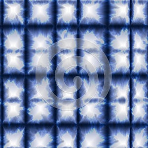 Tie Dye Shibori Seamless Pattern Background in Blue color Boho Plaid Check Color Design in 1970