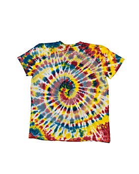 Tie dye style summer T-shirt isolated on a white background. Flat lay