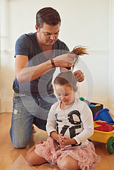Tie, home or father with child for hair, support or help to get ready for school or kindergarten. Girl ponytail, prepare