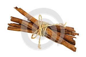 Tied cinnamon sticks, isolated on white background, clipping pat