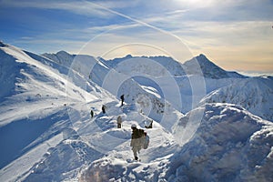 Tied climbers climbing mountain with snow field tied