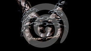 Tied hands in Metal chain, chain in hand, the chain wound on the hand, dirty hands, black background