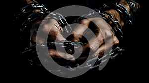 Tied hands in Metal chain, chain in hand, the chain wound on the hand, dirty hands, black background