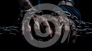 Tied hands in Metal chain, chain in hand, the chain wound on the hand, dirty hands, black background