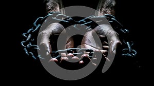 Tied hands in Metal chain, chain in hand, the chain wound on the hand, dirty hands, black background