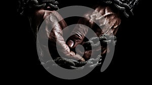 Tied hands in Metal chain, chain in hand, the chain wound on the hand, dirty hands, black background