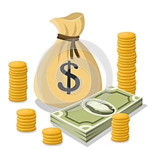 Tied money bag with a dollar sign, gold coins and a bundle of dollar bills nearby. Vector illustration in cartoon style