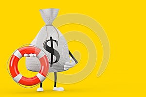 Tied Rustic Canvas Linen Money Sack or Money Bag and Dollar Sign Character Mascot with Life Buoy. 3d Rendering