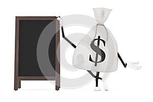 Tied Rustic Canvas Linen Money Sack or Money Bag and Dollar Sign Character Mascot with Blank Wooden Menu Blackboards Outdoor