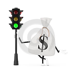 Tied Rustic Canvas Linen Money Sack or Money Bag and Dollar Sign Character Mascot with Traffic Green Light. 3d Rendering