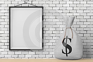 Tied Rustic Canvas Linen Money Sack or Money Bag with Dollar Sign in front of Brick Wall with Blank Frame. 3d Rendering
