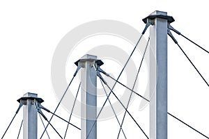 Tied Suspension Roof Cables, Three Tall Blue Grey Isolated Masts, Cable-suspended Swooping Rooftop Pylon Anchors, Large Detailed