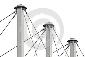 Tied Suspension Roof Cables, Three Tall Grey Isolated Masts, Cable-suspended Swooping Rooftop Pylon Anchors, Large Detailed