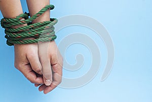 Tied Women Hands, Violence, FreedomConcept, Blue Toned Background, Copy Space