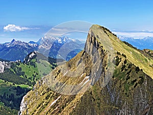 Tierberg Mountain above the valley Wagital or Waegital and alpine Lake Wagitalersee Waegitalersee, Innerthal