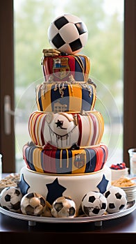 Tiered Birthday Cake with soccer game theme
