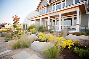 tiered landscaping in front of a shingle beach house