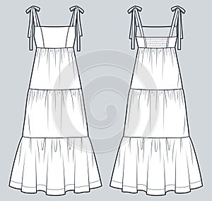 Tiered Maxi Dress technical fashion illustration. Knot Strap Dress fashion flat technical drawing template, bustier, relaxed fit