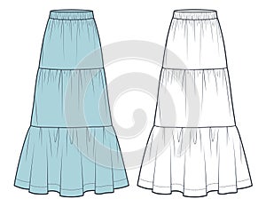 Tiered Maxi Skirt technical fashion illustration. Boho Skirt fashion flat technical drawing template, elastic waistband