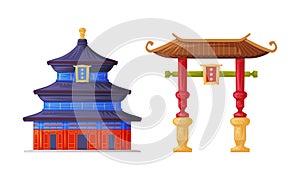 Tiered Pagoda Building and Gate as Traditional Cultural Chinese Architecture Vector Set