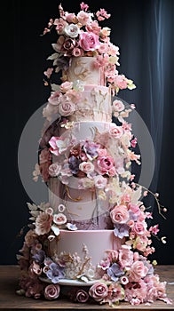 Tiered Wedding Cake with pink and purple Flowers