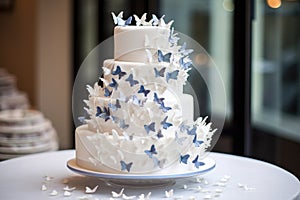 a tiered white wedding cake with butterfly sugar decors