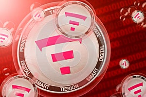 Tierion TNT crash, bubble. Tierion TNT cryptocurrency coins in a bubbles on the binary code background