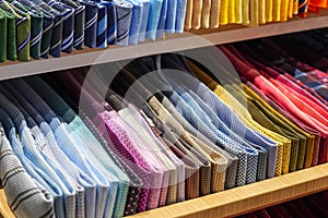 Ties of red shade and colorful tones with strict design pattern are folded in row in the window of fashionable mens clothing store