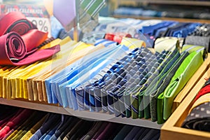 Ties of shade and colorful tones with strict design pattern are folded in row in the window of fashionable mens clothing store