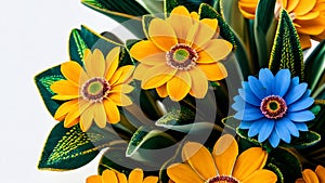 Tiesto with beautiful yellow and blue flowering plants with green leaves and yellow speckles photo