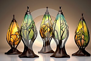 tiffany-style stained glass lamps glowing softly