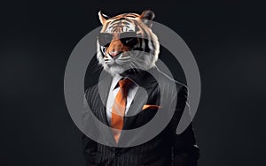 tiger animal in the form of a man in a suit and sunglasses, a good leader, the boss, director, generative ai