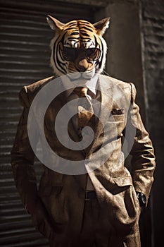 tiger animal in the form of a man in a suit and sunglasses, a good leader, the boss, director, generative ai