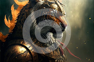 Tiger animal portrait dressed as a warrior fighter or combatant soldier concept. Ai generated