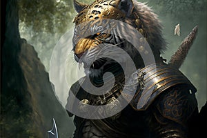 Tiger animal portrait dressed as a warrior fighter or combatant soldier concept. Ai generated