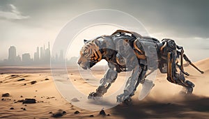 tiger Animal robot walking through desert. A futuristic landscape with a silhouetted city on the horizon